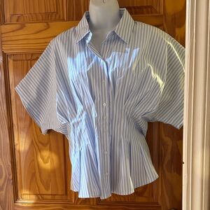 Short Sleeve Blue & White Striped Button-Up Top